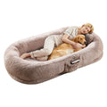 Garvee Orthopedic Soft Faux Fur Human Dog Bed for Adults & Pets – Large 67"x43"x8" Lounger, Removable Pillow, Side Pocket, Handle, Washable Cover, No Assembly, Bean Bag Style, Light Brown
