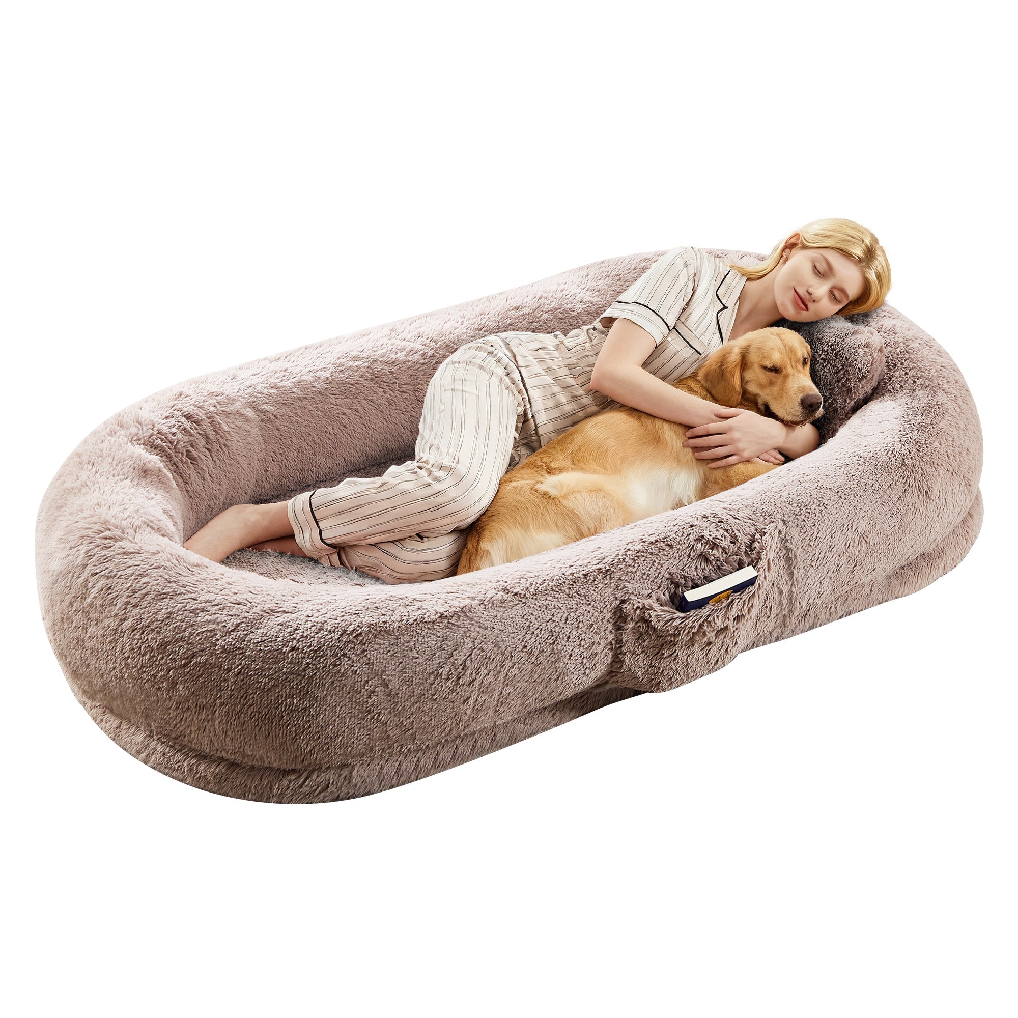 Garvee Orthopedic Soft Faux Fur Human Dog Bed for Adults & Pets – Large 67"x43"x8" Lounger, Removable Pillow, Side Pocket, Handle, Washable Cover, No Assembly, Bean Bag Style, Light Brown