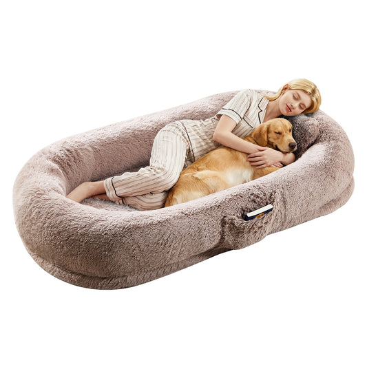 Garvee Orthopedic Soft Faux Fur Human Dog Bed for Adults & Pets – Large 67"x43"x8" Lounger, Removable Pillow, Side Pocket, Handle, Washable Cover, No Assembly, Bean Bag Style, Light Brown
