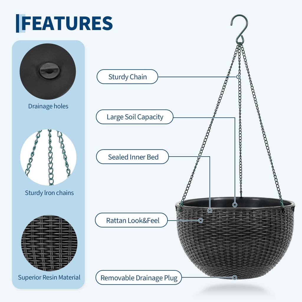 Garvee Self-Watering Hanging Planters for Indoor & Outdoor Plants, 4-Pack 13.8 in Resin Baskets with Rattan Look, Drainage Plugs and Triple-Chain Hangers