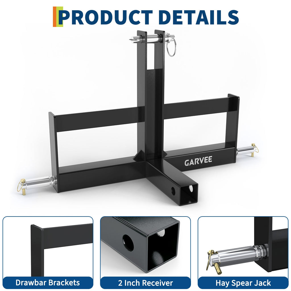 Garvee Heavy Duty 3 Point Hitch Receiver for Tractor – 2" Category 1 Quick Attach Drawbar Adapter – Includes Suitcase Weight Brackets – Ideal for Farm Equipment – Black