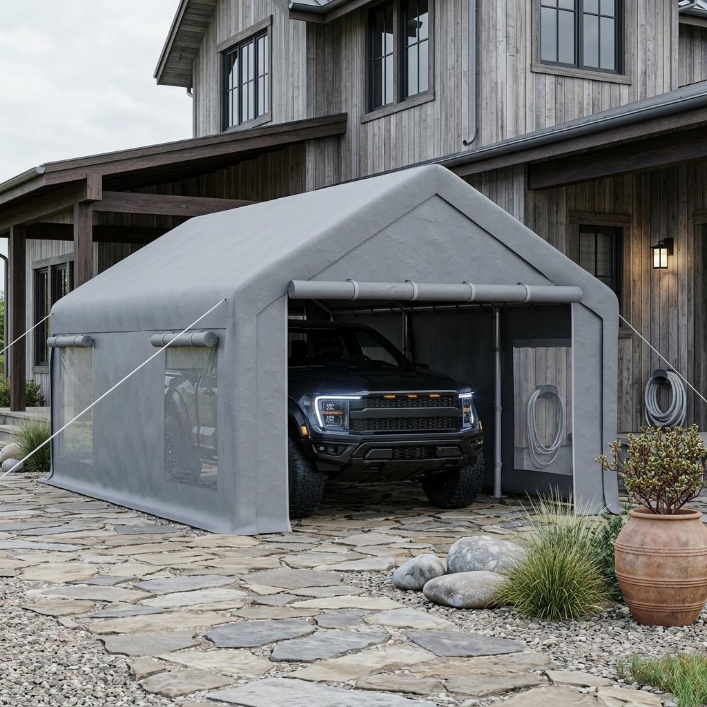 Garvee 12x20 ft Portable Garage Carport, 200 g PE Canopy Shelter with 2 Roll-Up Doors & 4 Windows, Heavy-Duty Metal Frame Storage Tent for Cars, Boats, Pickups & Outdoor Events, Gray