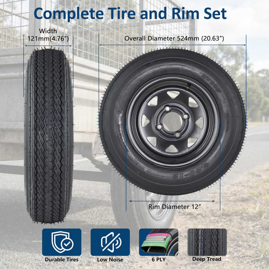 Garvee 4.80-12 Trailer Tires with 8 in White Rims,  4.80x12 480-12 4.8-12, Load Range C, 6PR, 4 Lug 4 in Bolt, Bias-Ply Nylon, All-Season, Utility & Cargo Trailers