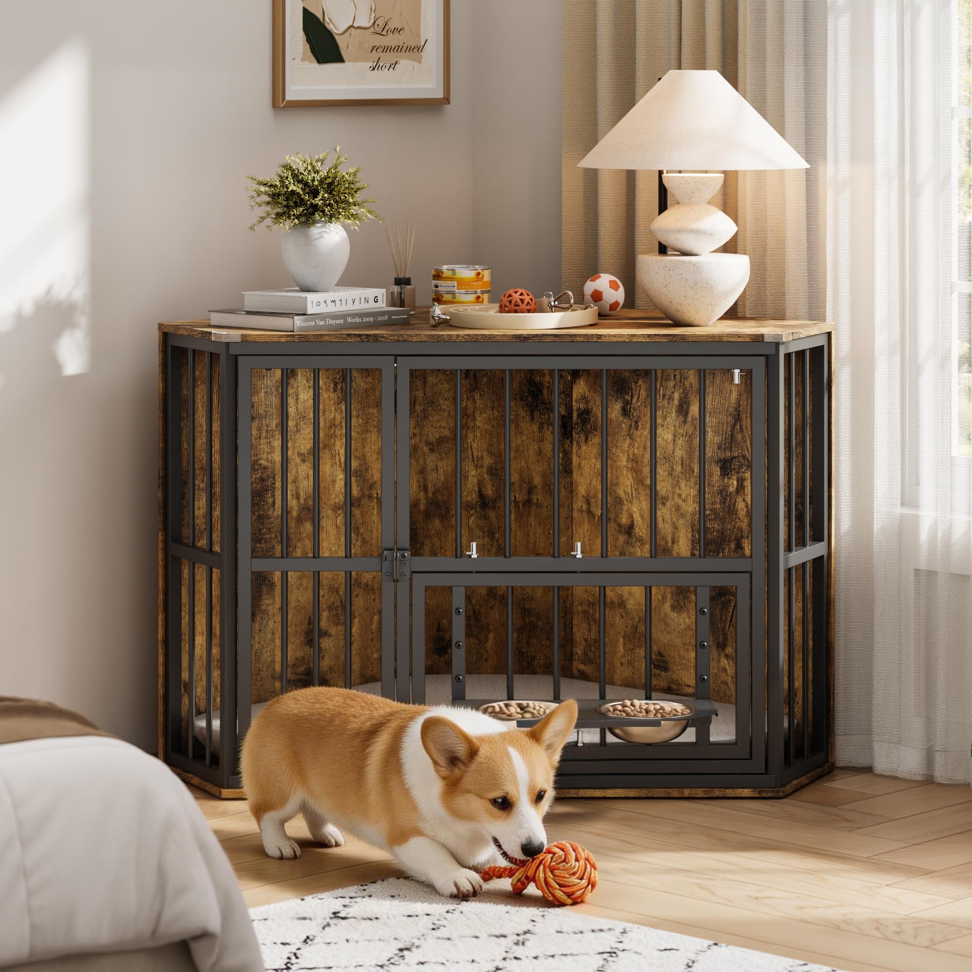 Garvee Space-Saving Corner Dog Crate Furniture – Wooden Indoor Kennel End Table with 360° Rotating Door, Stainless Steel Feeding Bowls, Decorative Design for Small Breeds, Vintage + Black Iron Frame, Brown