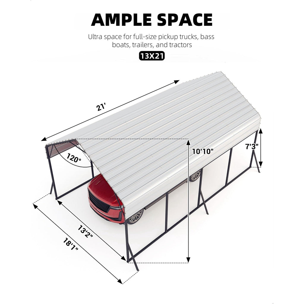Garvee Metal Carport 13×21 ft, 660 lb Heavy-Duty Steel Shelter, 2" 19-Gauge Frame & 130" H Roof for Pickup Boats Tractors