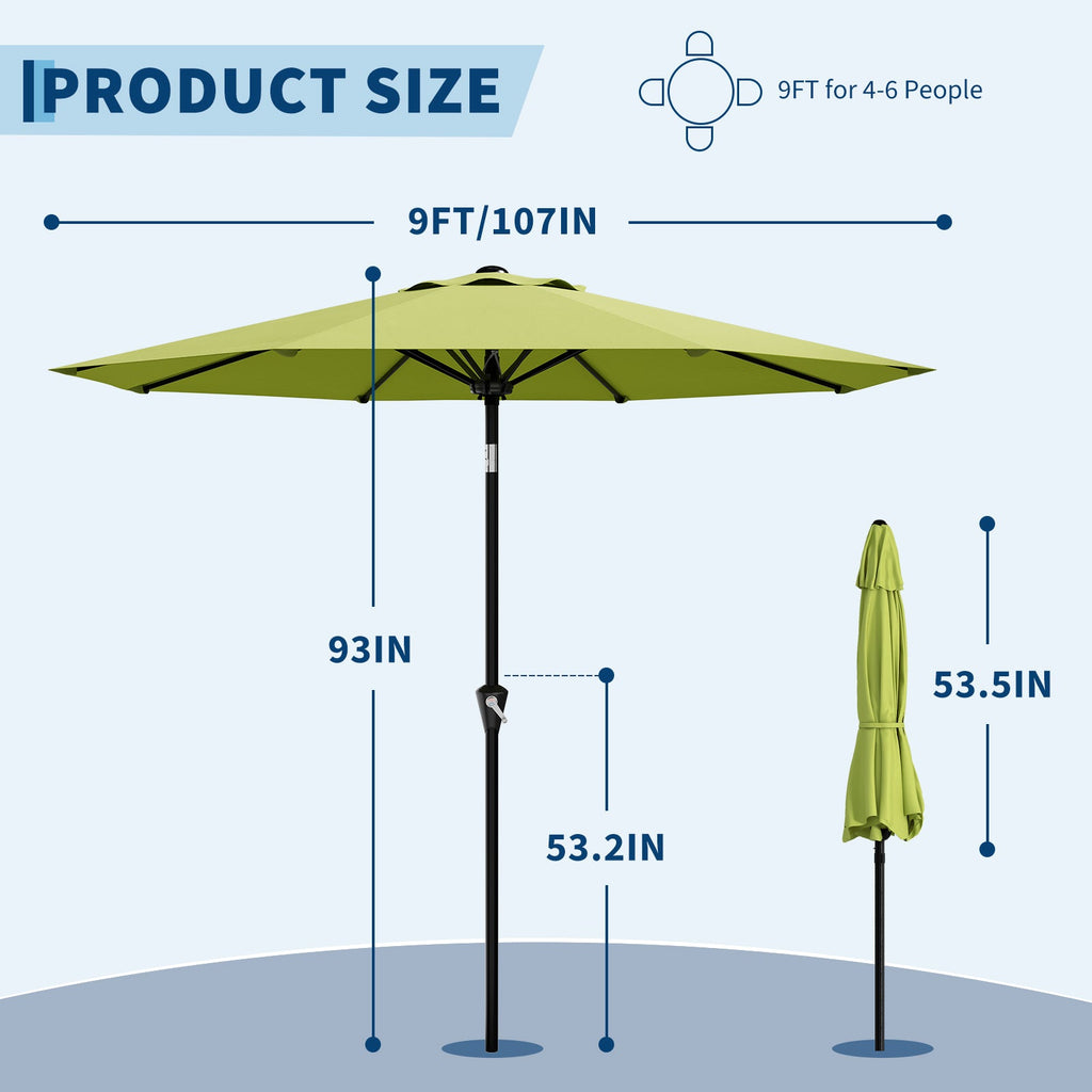 Garvee 9FT Green Patio Umbrella - Outdoor Market Table Parasol with Smooth Crank Lift, Push Button Tilt, UV Protection Waterproof Canopy, 8 Sturdy Iron Ribs for Deck, Pool, Garden, Yard