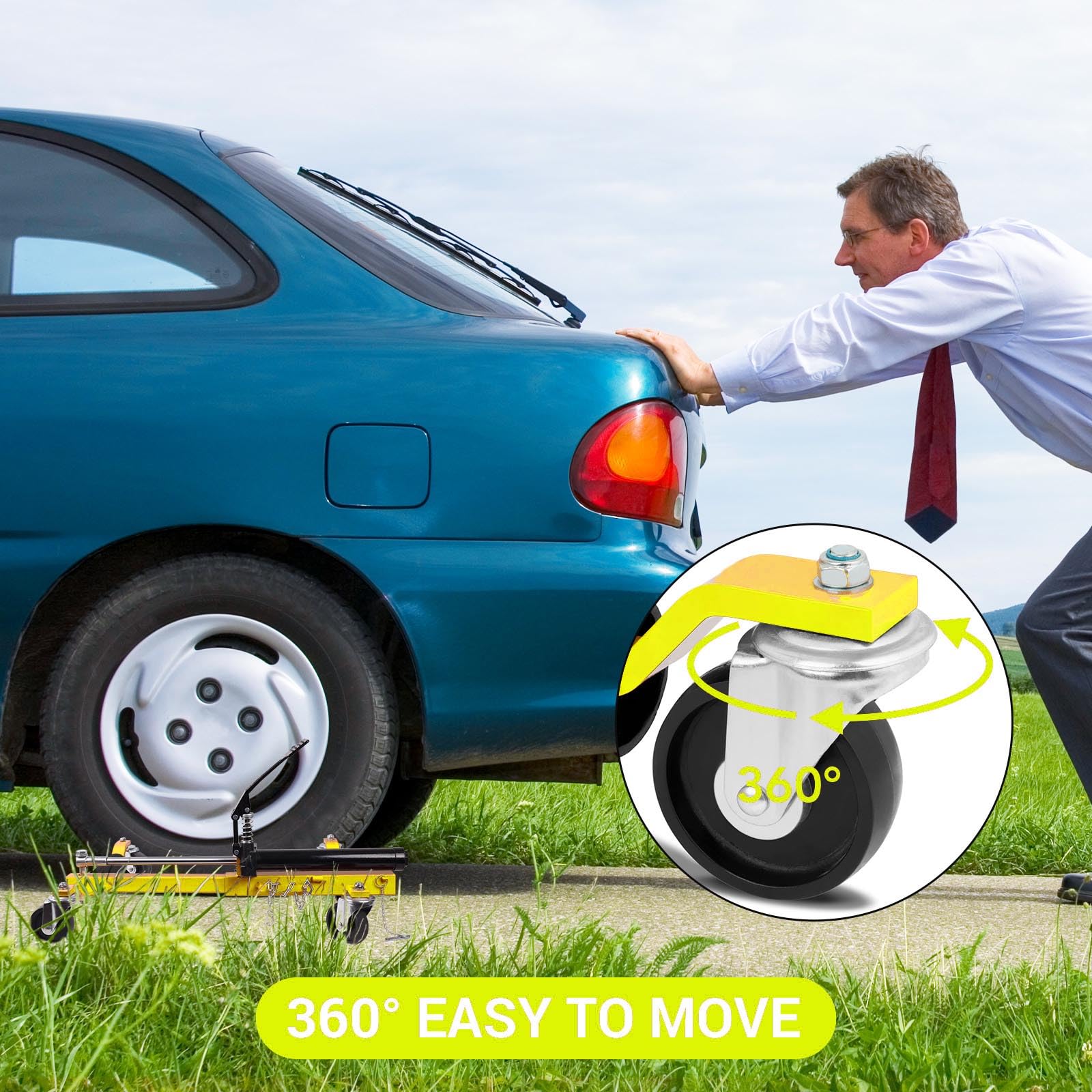 Garvee Hydraulic Car Wheel Dolly Set – 1500 lbs Capacity – Vehicle Positioning Jack – Heavy Duty for Truck, RV, Trailer – 2-Piece, Yellow, Top-Mounted Oil Cylinder