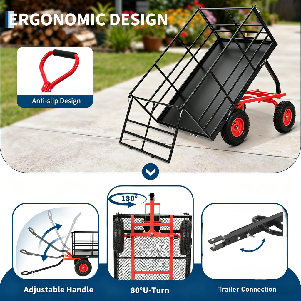 Garvee Steel Garden Cart for Lawn and Landscaping, 1500 lbs Capacity with 13-Inch Wheels, Removable Sides and Swivel Handle, Red and Black