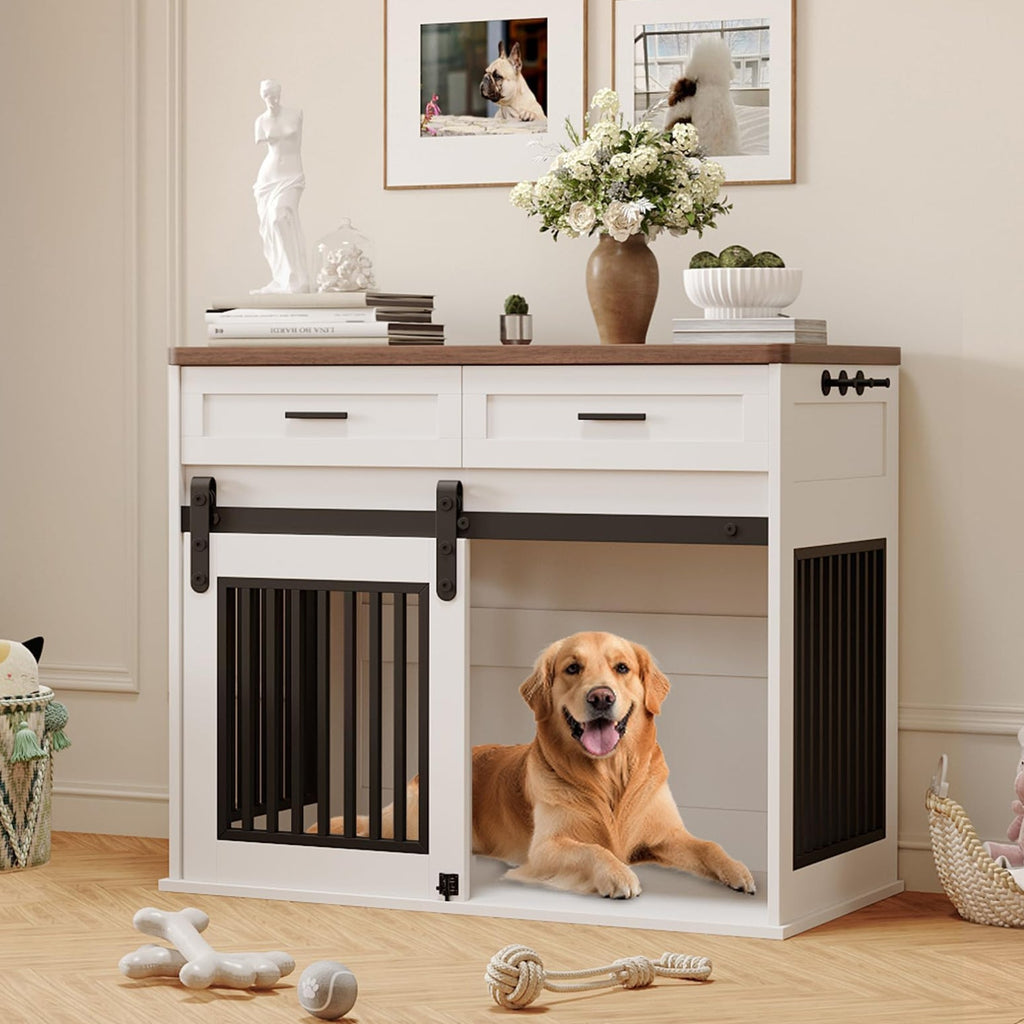 Garvee Heavy Duty Wooden Dog Crate Furniture with Sliding Barn Door and 2 Storage Drawers, Indoor Dog Kennel End Table with Hook, Farmhouse Style Dog Crates for Medium/Large Dogs, White