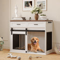 Garvee Heavy Duty Wooden Dog Crate Furniture with Sliding Barn Door and 2 Storage Drawers, Indoor Dog Kennel End Table with Hook, Farmhouse Style Dog Crates for Medium/Large Dogs, White