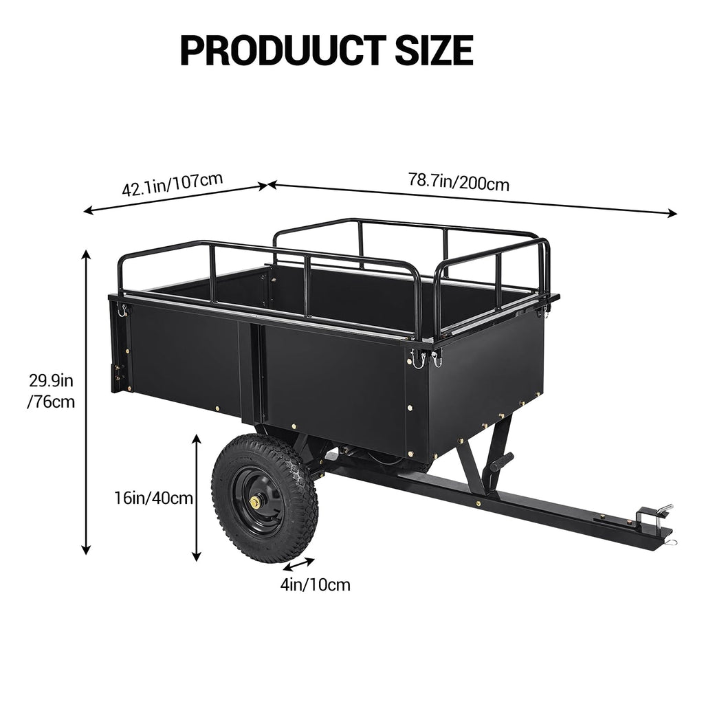 Garvee Tow-Behind Dump Cart for ATV, UTV and Lawn Tractor, 750 lbs Capacity, 15 Cu. Ft. Steel Trailer with Removable Sides and All-Terrain Tires