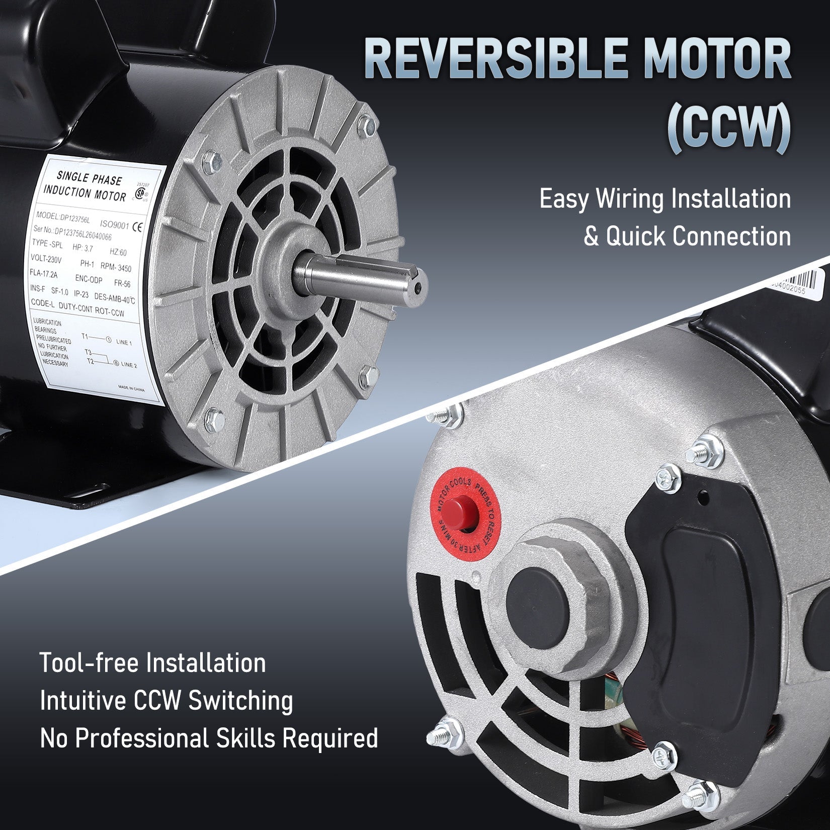 Garvee 3.7HP SPL Air Compressor Electric Motor, 56 Frame 230V 3450 RPM 5/8" Keyed Shaft, 18 Amps 60 Hz Dual CW/CCW Rotation – 1.88" Shaft Length