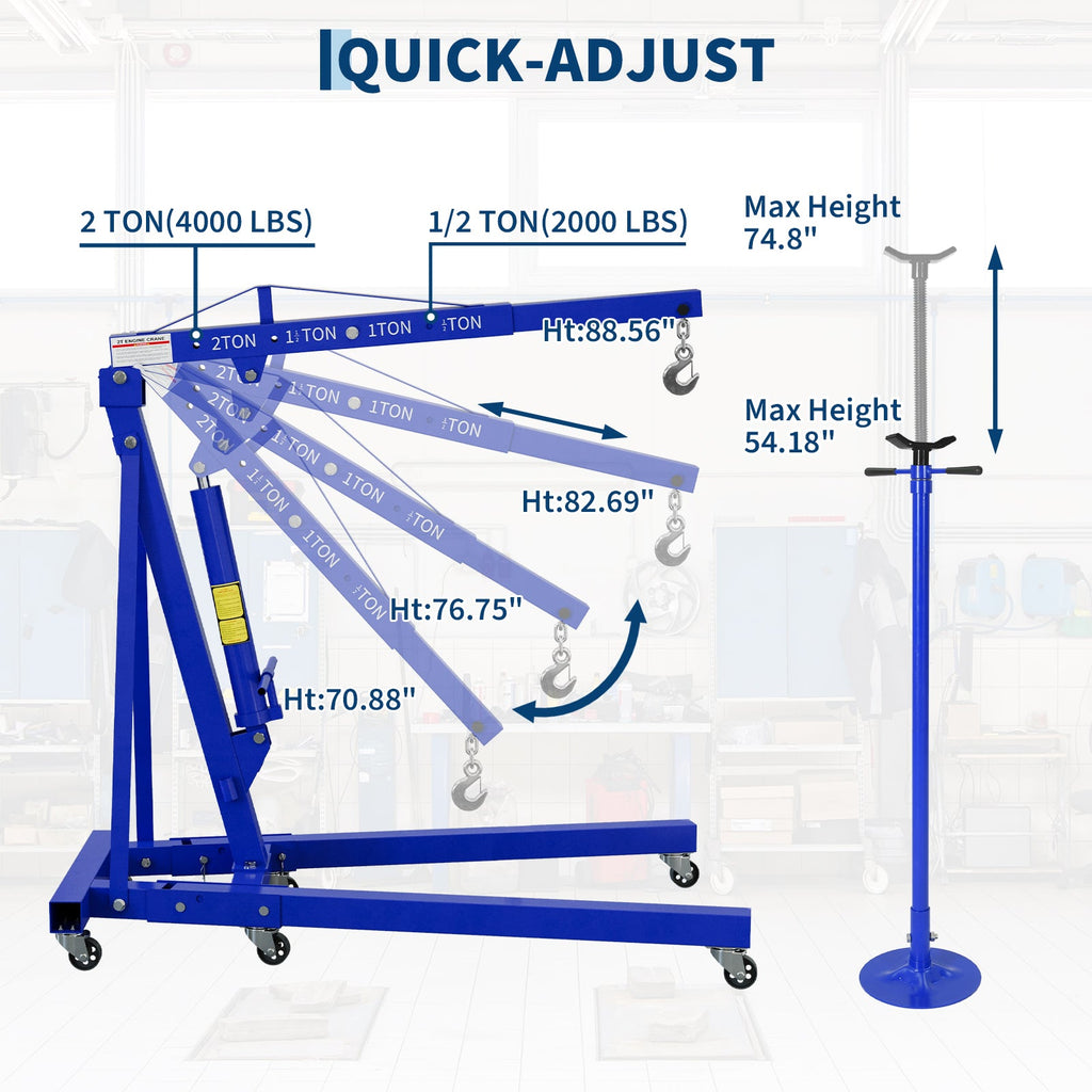 Garvee 2 Ton Folding Hydraulic Engine Hoist with Leveler and Safety Stand, 4400 lbs Capacity Heavy Duty Shop Crane Cherry Picker, 8 Ton Ram,