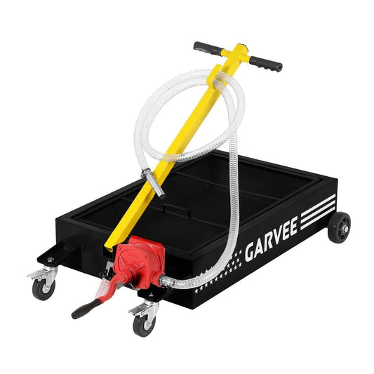 Garvee Heavy Duty Manual Oil Drain Pan Cart – 15 Gallon Low Profile Steel Reservoir, 8 Ft Hose, Folding Handle, Ideal for Trucks and Vehicles – Waistline Version | Black | Manual | 15 Gallons | 8 Feet Hose