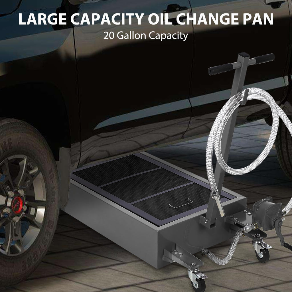 Garvee 20 Gallon Manual Low-Profile Oil Drain Pan, Large-Capacity Rolling Oil Drain Cart with Adjustable Handle, Hose, and Swivel Casters for Trucks, RVs, and SUVs, Black
