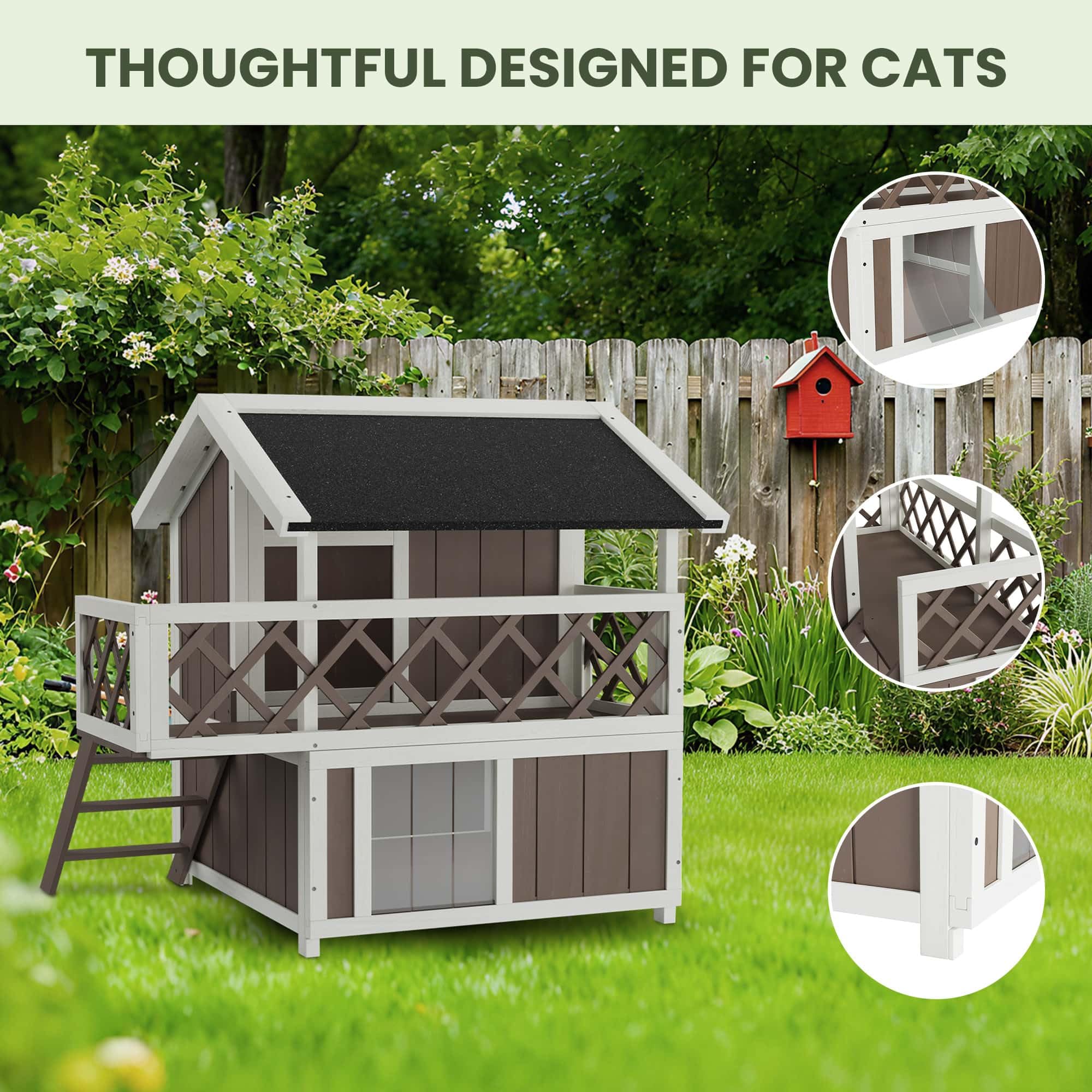 Garvee Insulated Outdoor Cat House Weatherproof with Balcony and Shade, Side Steps, Railings & Raised Floor, Asphalt Roof, All-Around Insulation 2-Story Wooden Feral Cat Shelter for Small Animals