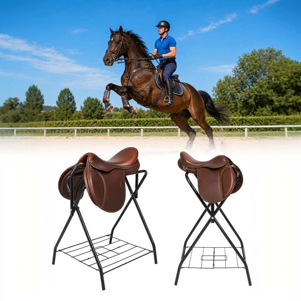 Garvee Heavy Duty Collapsible Saddle Rack with Storage Shelf (2-Pack) - Freestanding Steel X-Frame Stand for English & Western Saddles, Horse Tack, and Blanket Organizer, Matte Black