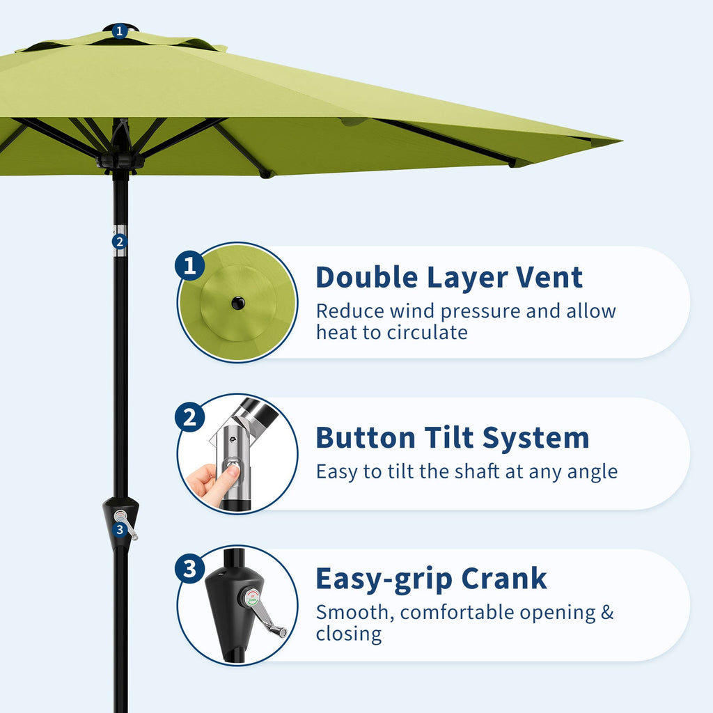 Garvee 9FT Green Patio Umbrella - Outdoor Market Table Parasol with Smooth Crank Lift, Push Button Tilt, UV Protection Waterproof Canopy, 8 Sturdy Iron Ribs for Deck, Pool, Garden, Yard
