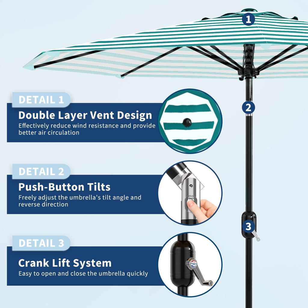Garvee 9 ft Outdoor Patio Umbrella with Crank Lift, Push-Button Tilt, UV-Resistant Waterproof Canopy for Pool, Deck & Yard, Turquoise & White Stripes