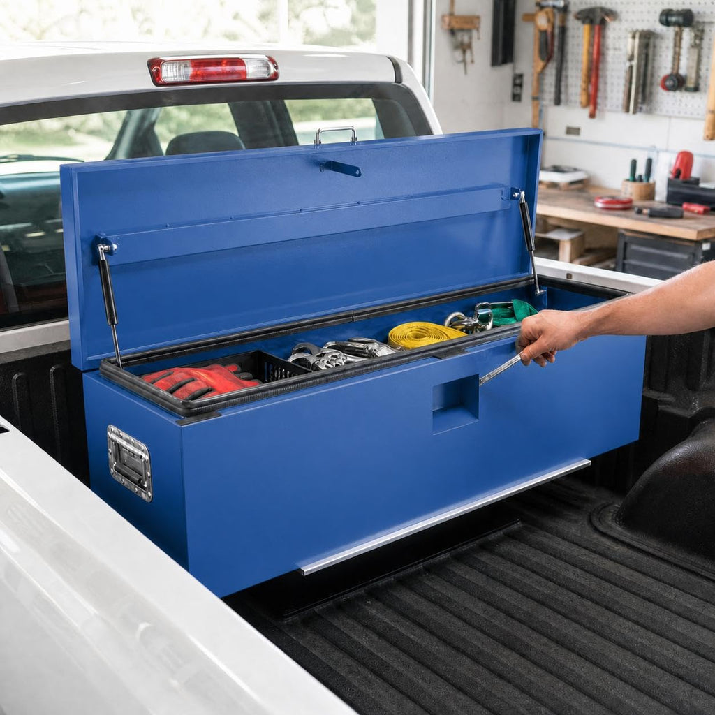 Garvee 42"X16"X14" Heavy Duty Lockable Steel Truck Bed Toolbox – Dual Lids, Weatherproof Powder-Coated, Front & Side Handles, Gas Struts for Pickup, RV, Trailer, Blue