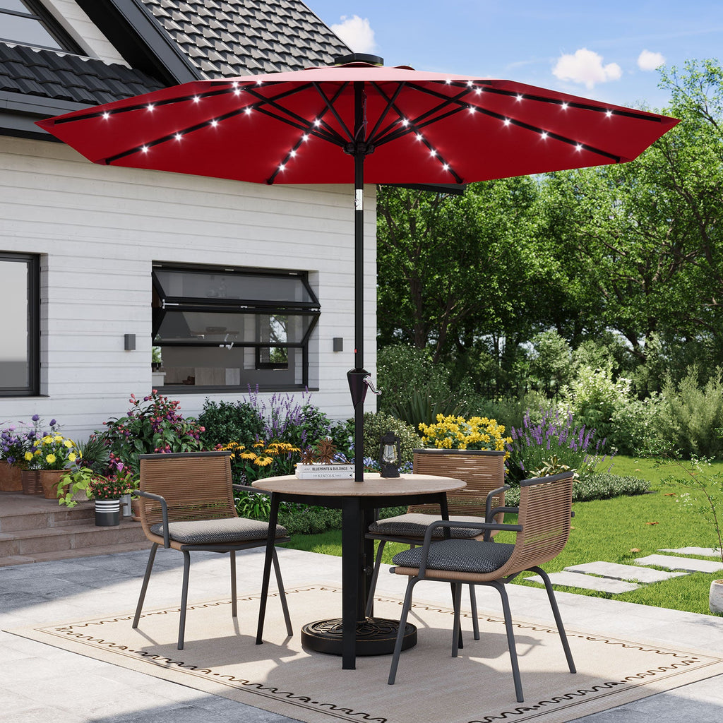 Garvee 9FT Solar LED Patio Umbrella, Waterproof Outdoor Market Table Umbrella with 8 Ribs, Crank Lift, Push Button Tilt, UV Protection for Garden, Pool & Deck, Red