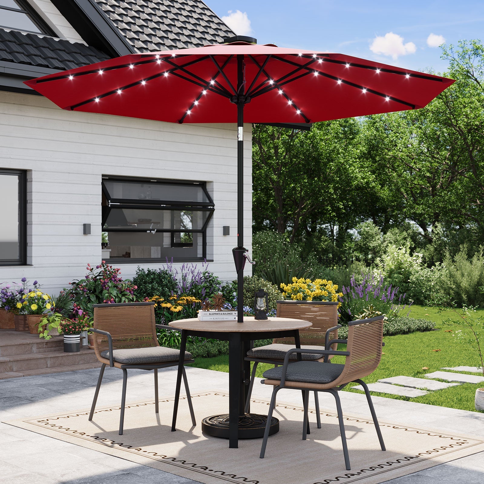 Garvee 9FT Solar LED Patio Umbrella, Waterproof Outdoor Market Table Umbrella with 8 Ribs, Crank Lift, Push Button Tilt, UV Protection for Garden, Pool & Deck, Red