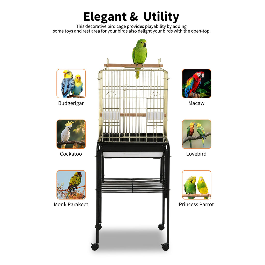 Garvee Large Open-Top Bird Cage with Rolling Stand – Removable Tray, Extra Storage, Breakable Casters, Indoor/Outdoor Use – Black Frame Gold Cage Body, Model 1038+10#