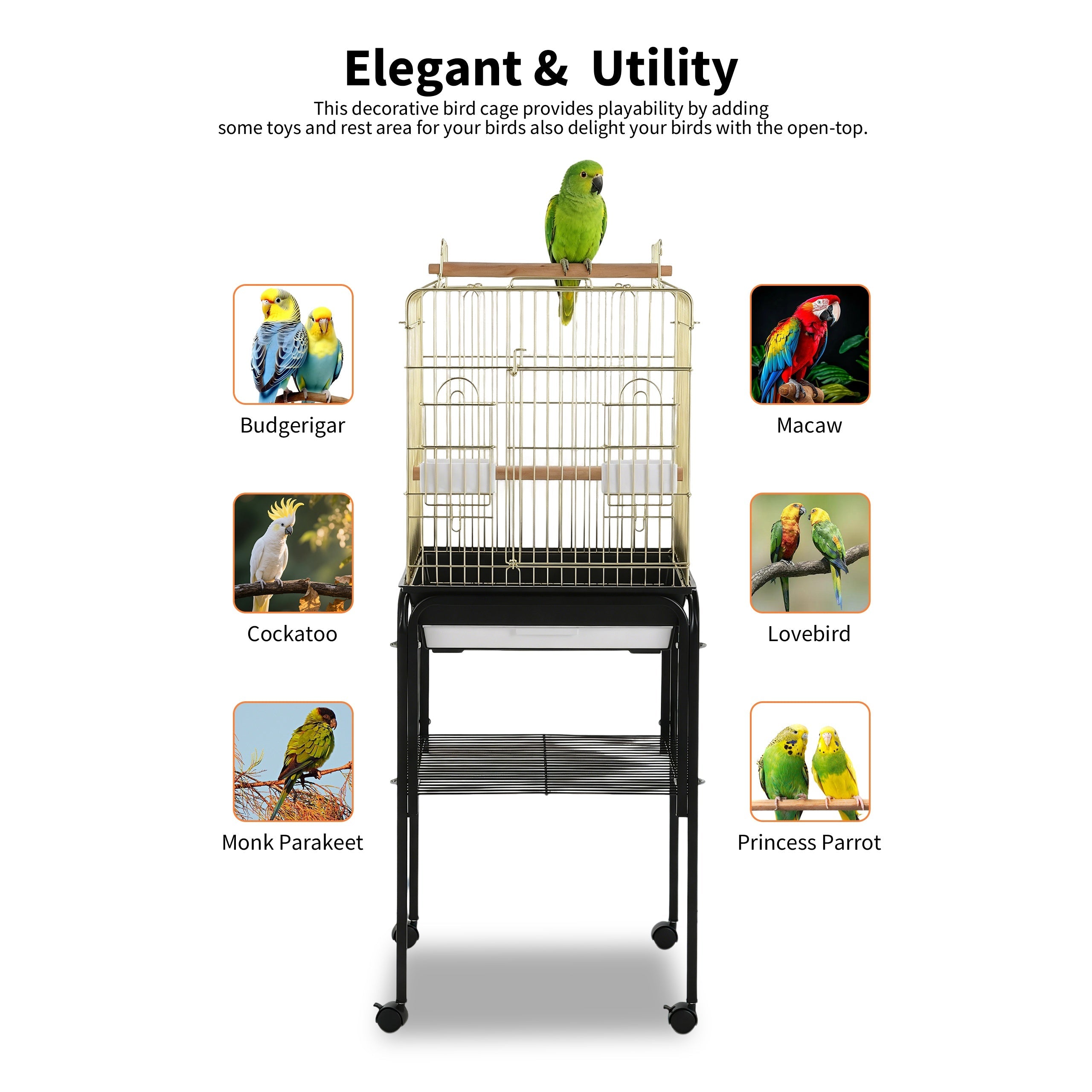 Garvee Large Open-Top Bird Cage with Rolling Stand – Removable Tray, Extra Storage, Breakable Casters, Indoor/Outdoor Use – Black Frame Gold Cage Body, Model 1038+10#