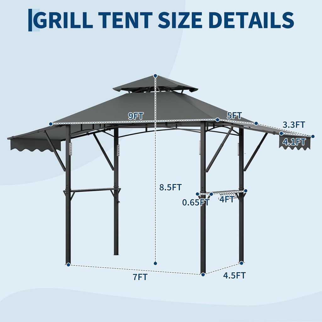 Garvee 8' × 5' Grill Gazebo with Dual Adjustable Awnings, 2-Tier Ventilated Canopy, Steel Frame, 2 Shelves & 7 Hooks, Gray