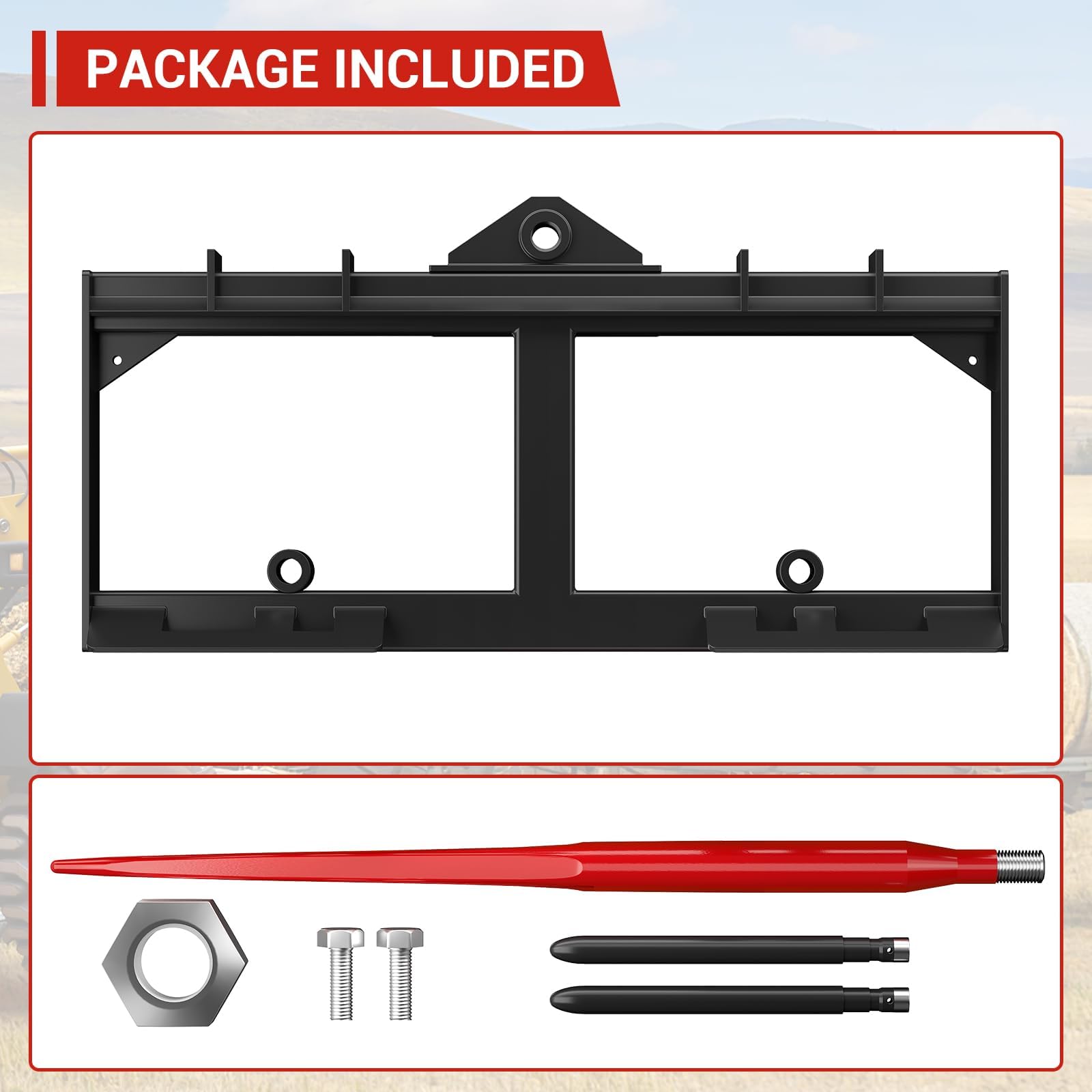 Garvee 49" Hay Bale Spear Attachment for Skid Steer & Tractor – 3000lbs Load Capacity – Quick Attach with 1 Red 49" Spear & 2 Black 17" Stabilizer Spears – Heavy Duty Bale Mover – Red Spear + 2 Black Stabilizers