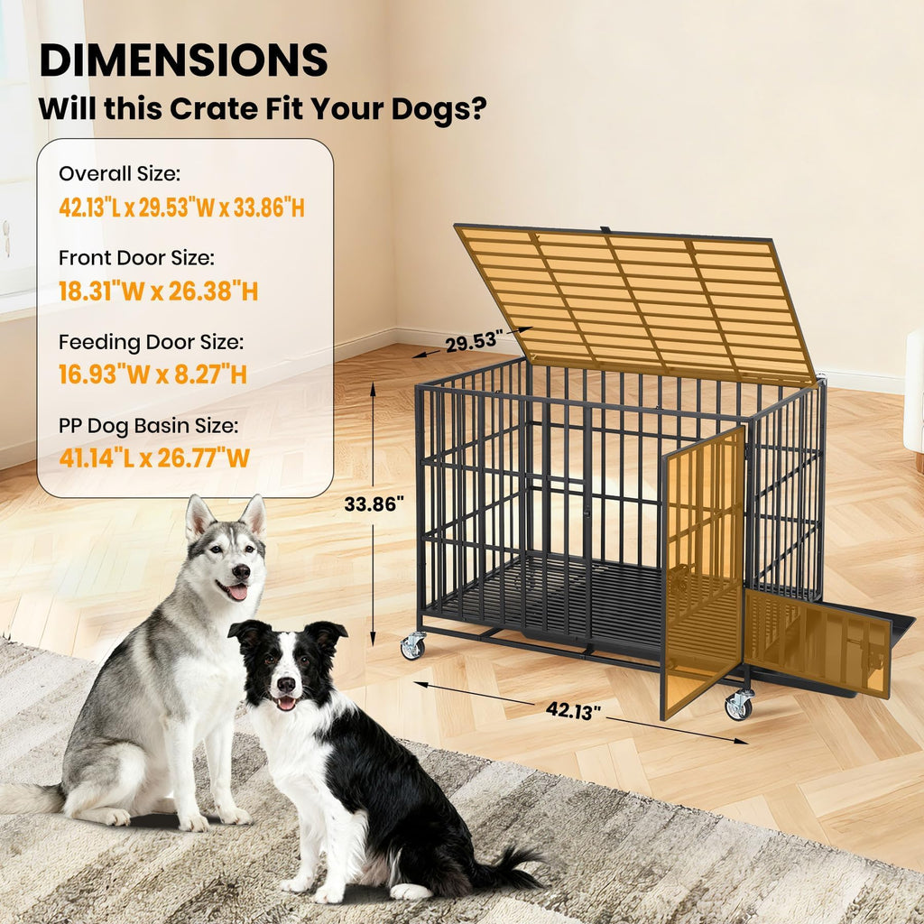 Garvee 42 Inch Heavy Duty Dog Crate, Escape-Proof Steel Dog Kennel Indoor with 3 Doors, Removable Tray, Large Metal Dog Cage with Wheels for Large and Medium Dogs, Black