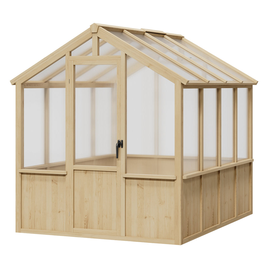 Garvee 6x8 FT Walk-In Wooden Greenhouse for Outdoors – Heavy Duty Spruce Frame, PC Panels, Adjustable Roof Vents, Lockable Door – Large Outdoor Storage for Garden, Patio, Lawn – 6x8 Natural Wood Color