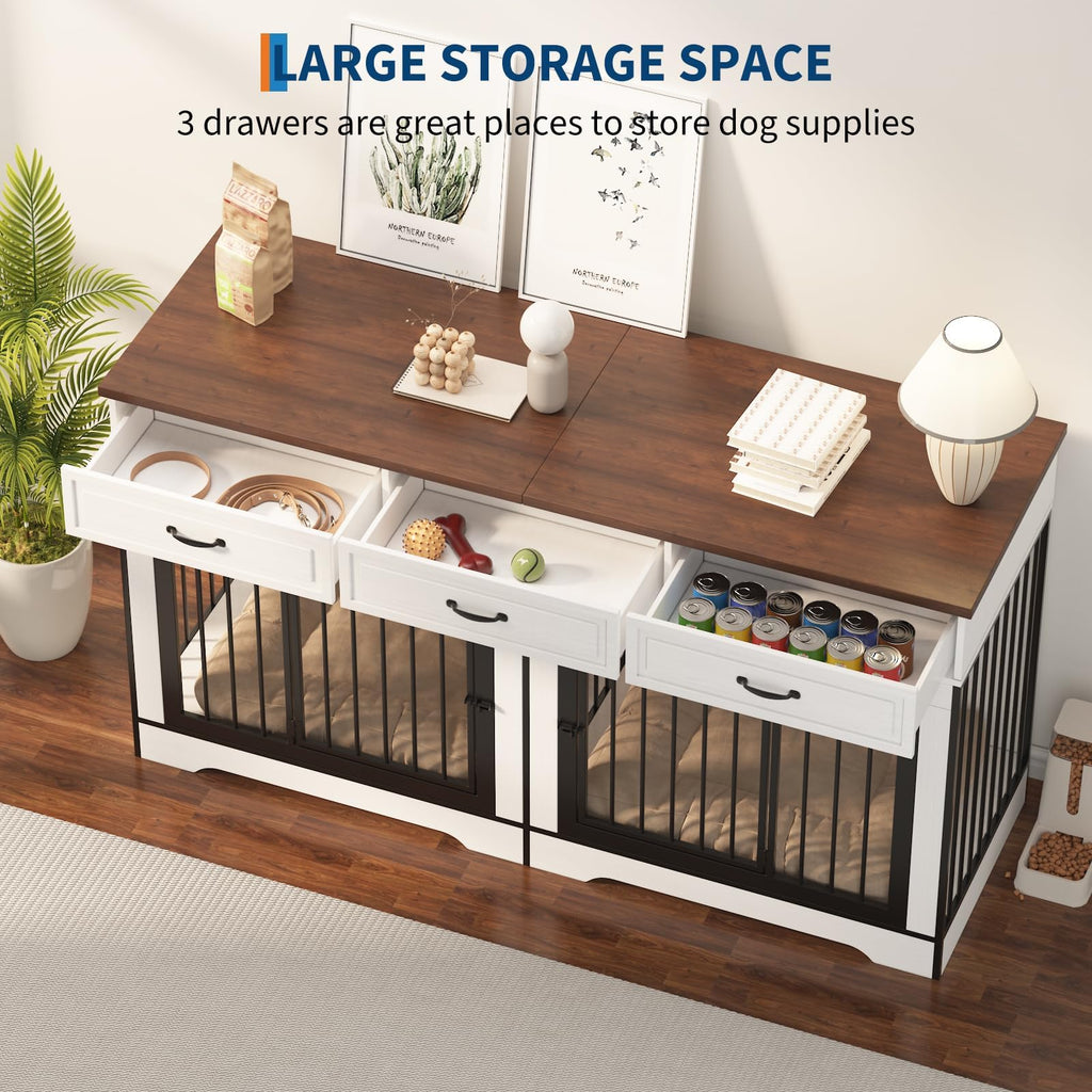 Garvee 71" Dog Crate Furniture for 2 Dogs, Heavy Duty Double Dog Kennel with 3 Drawers, Extra Large Furniture Style Indoor Dog Crate Table TV Stand  for Medium/Large Dogs, White&Walnut