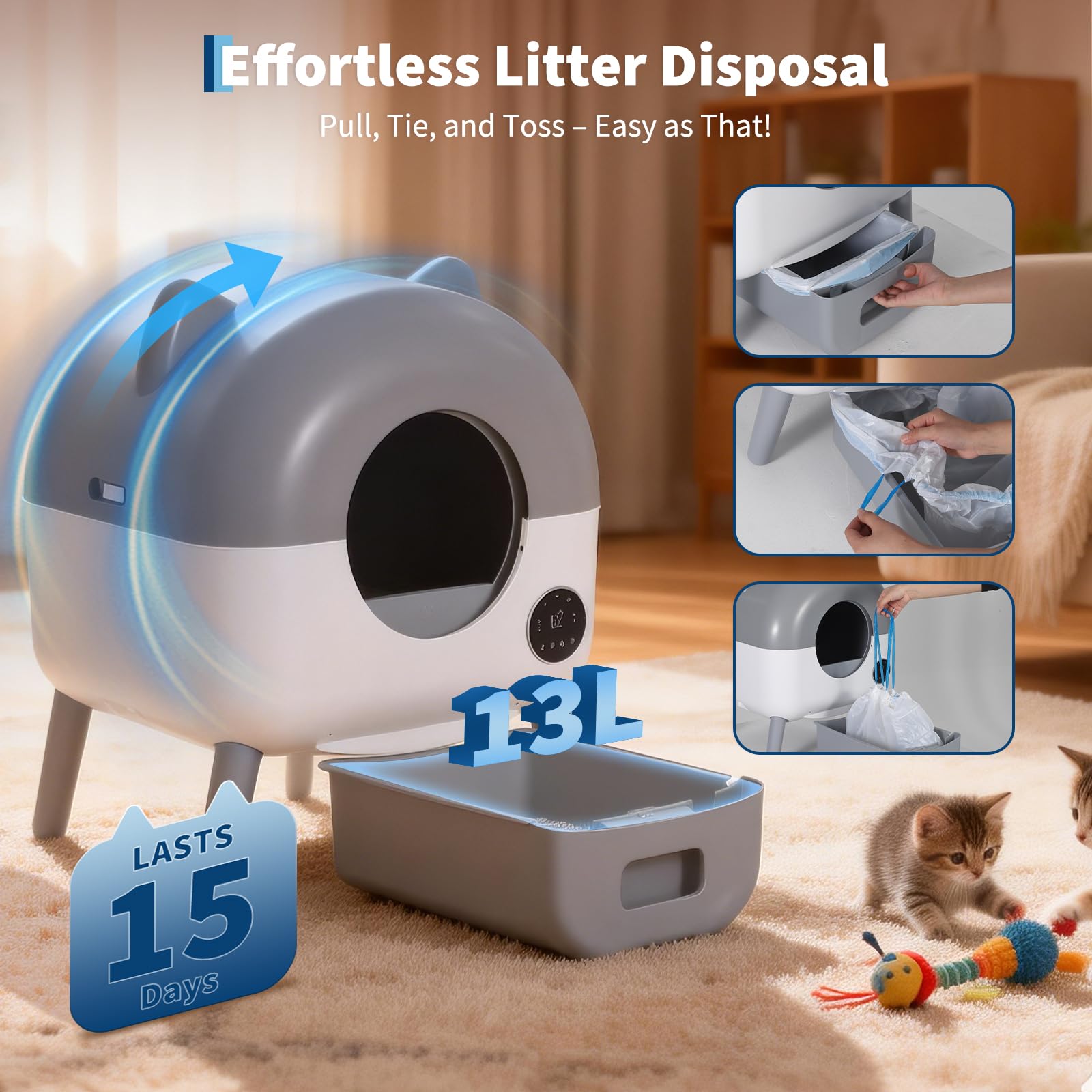 Garvee Automatic Self Cleaning Litter Box, 76L Capacity Extra Large Automatic Cat Litter Box for Multiple Cats, Smart Safety Sensors, App Control, Low Noise, Washable Tray & Trash Bag, Gray