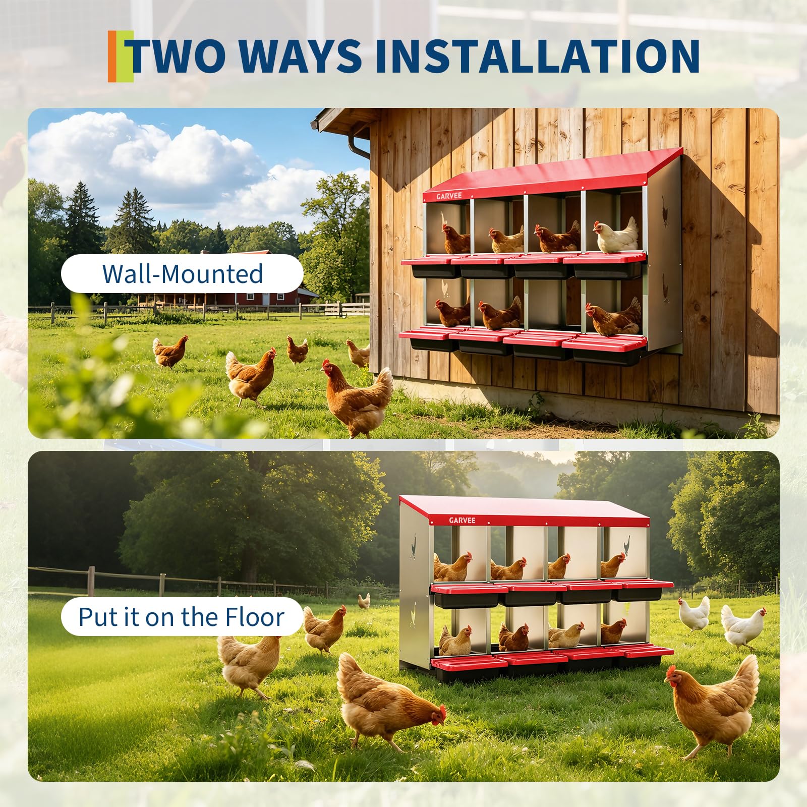 Garvee 8-Compartment Metal Chicken Nesting Box, Roll Away Poultry Laying Box with Sloped Anti-Perch Roof, 41.7"x12.8"x30.9", Red