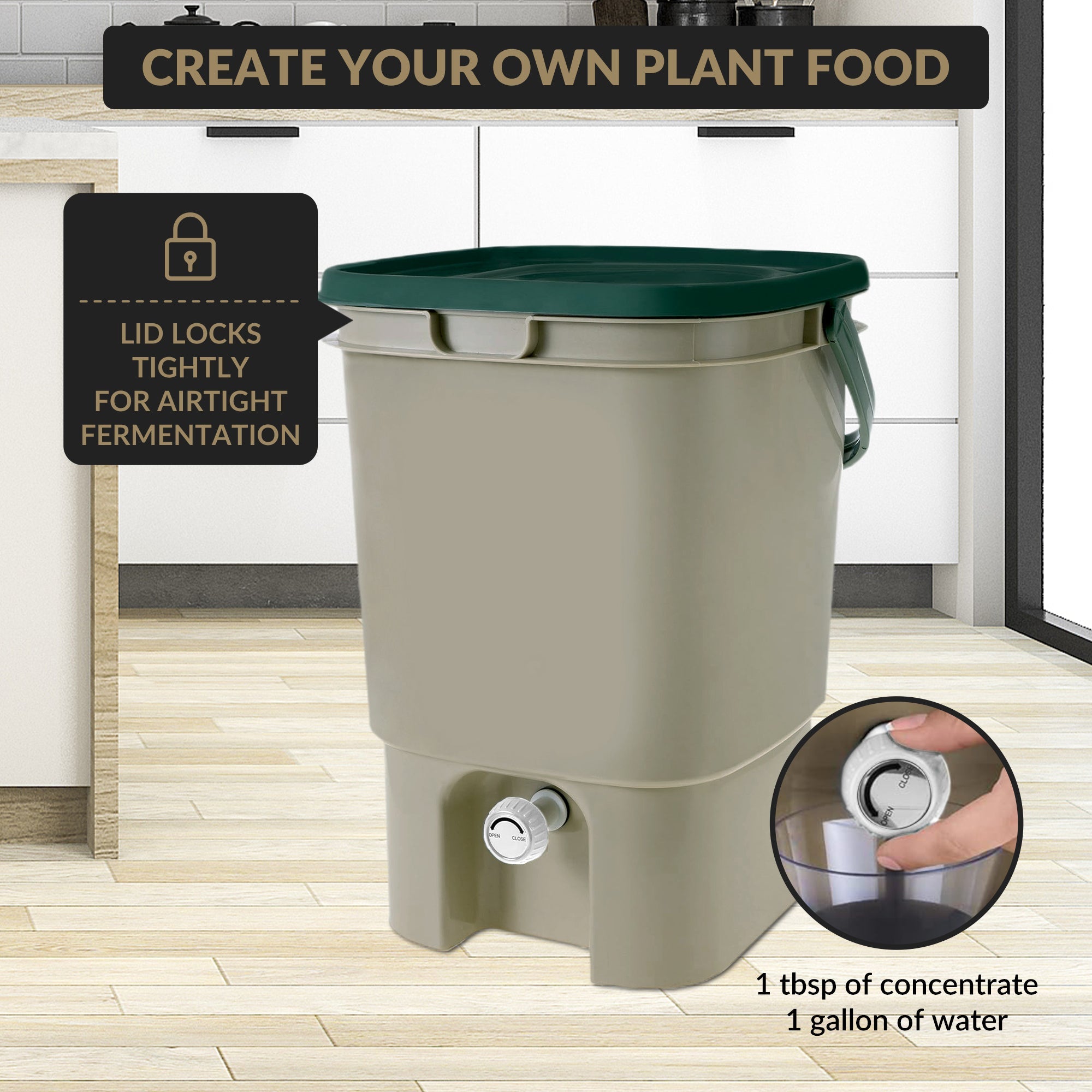 Garvee Bokashi Compost Bin with Lid & Spigot, PP Kitchen Fermentation Bucket with Strainer for Indoor Outdoor Food Waste, 11.8" × 11.8" × 15.9"