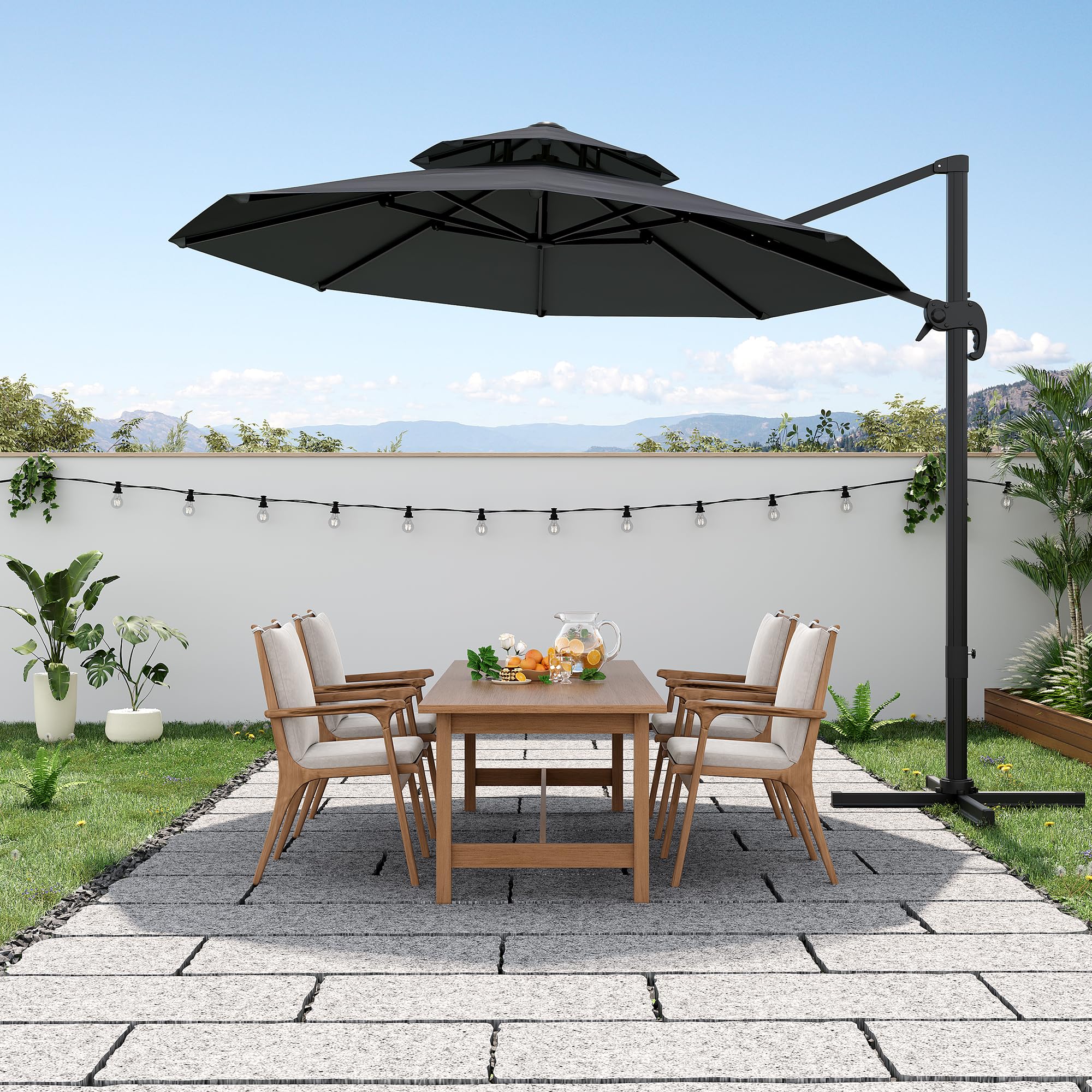 Garvee 10FT Offset Cantilever Patio Umbrella – 360° Rotation, Easy Tilt, UV Protection, Fade-Resistant Polyester – Large Outdoor Sun Shade Parasol for Pool, Deck, Garden, Backyard, Black