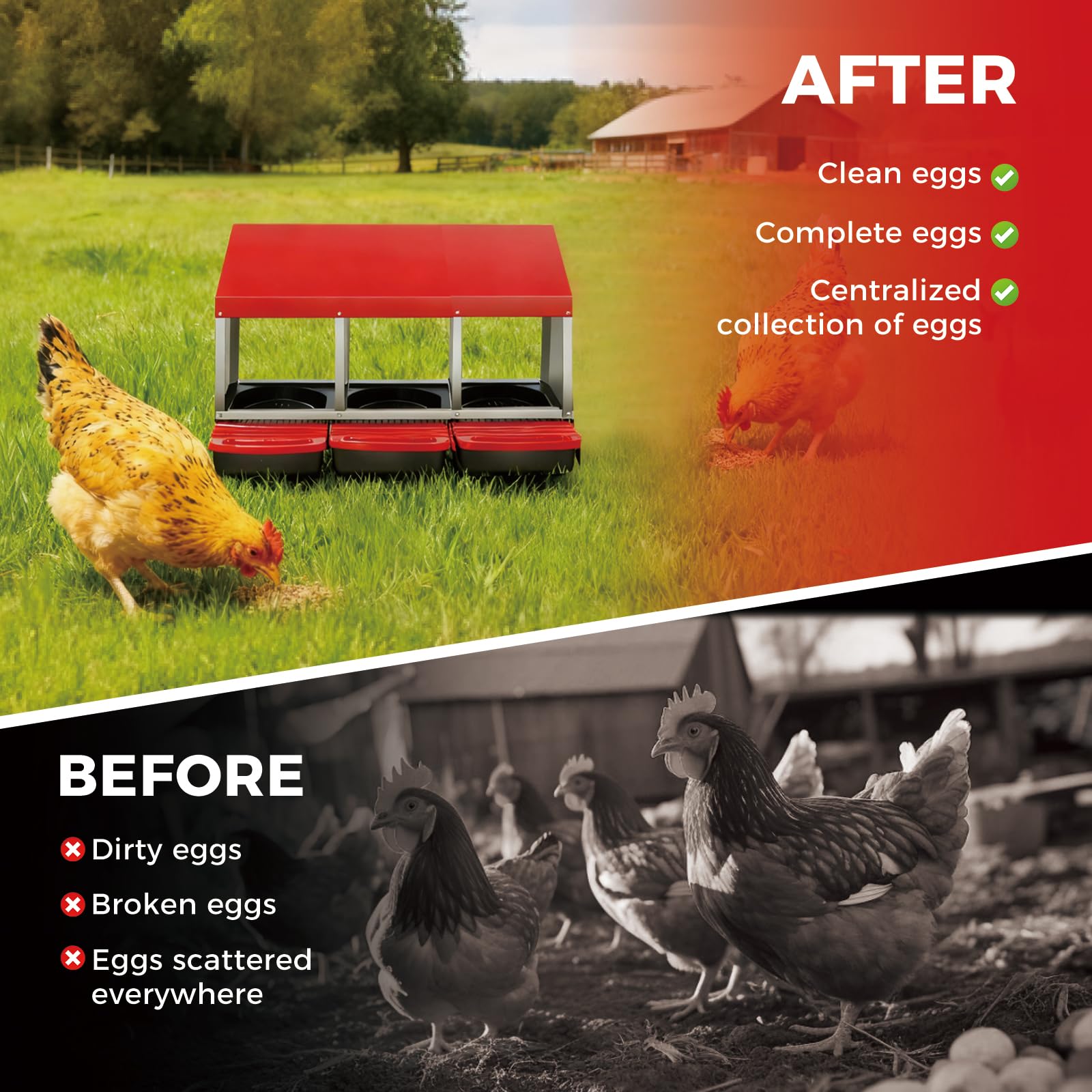 Garvee 3-Compartment Chicken Nesting Box – Automatic Roll-Away Tray & Support Stand, Red