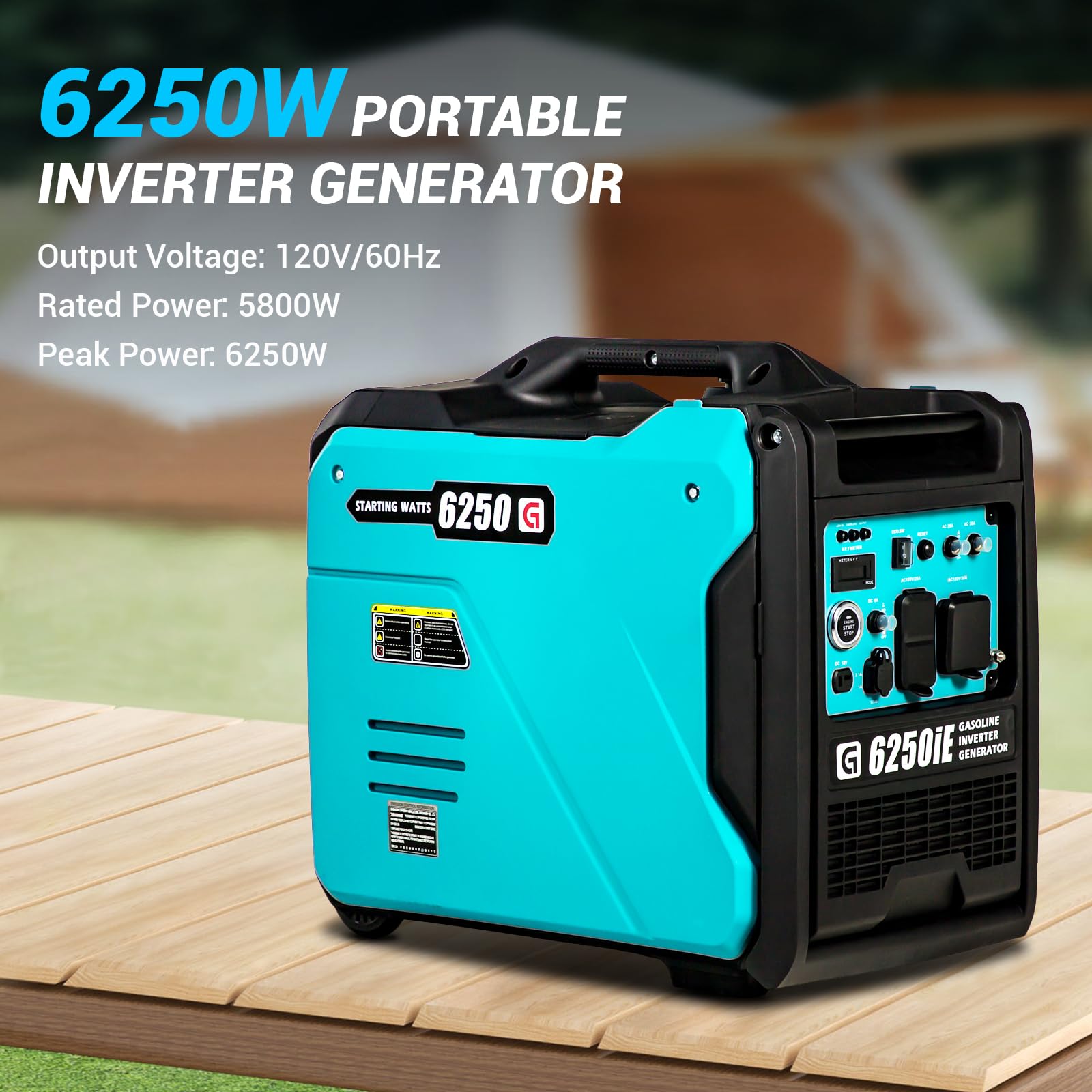 Garvee G6250 Portable Inverter Generator — 6250W Peak / 5800W Rated, 120V/60Hz, RV-Ready 30A, Ultra-Quiet <60 dB, 2.9 gal Tank, Wheels & Carry Handle