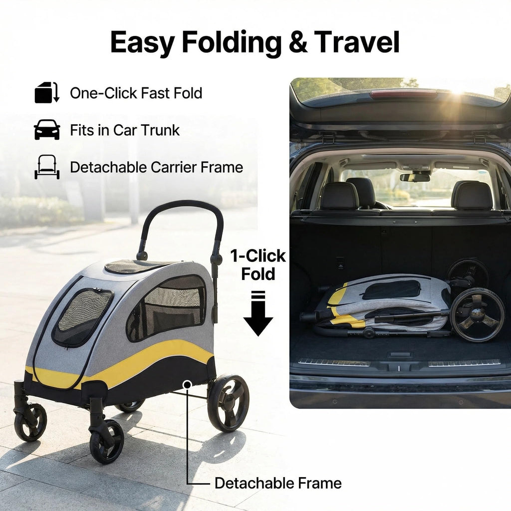 Garvee Foldable Dog Stroller, Large Dog Carrier with 360° Wheels, Adjustable Handle & Storage Pocket, Portable Puppy Travel Strollers, Pet Wagon for Large Dogs, 135 Lbs Capacity, Yellow