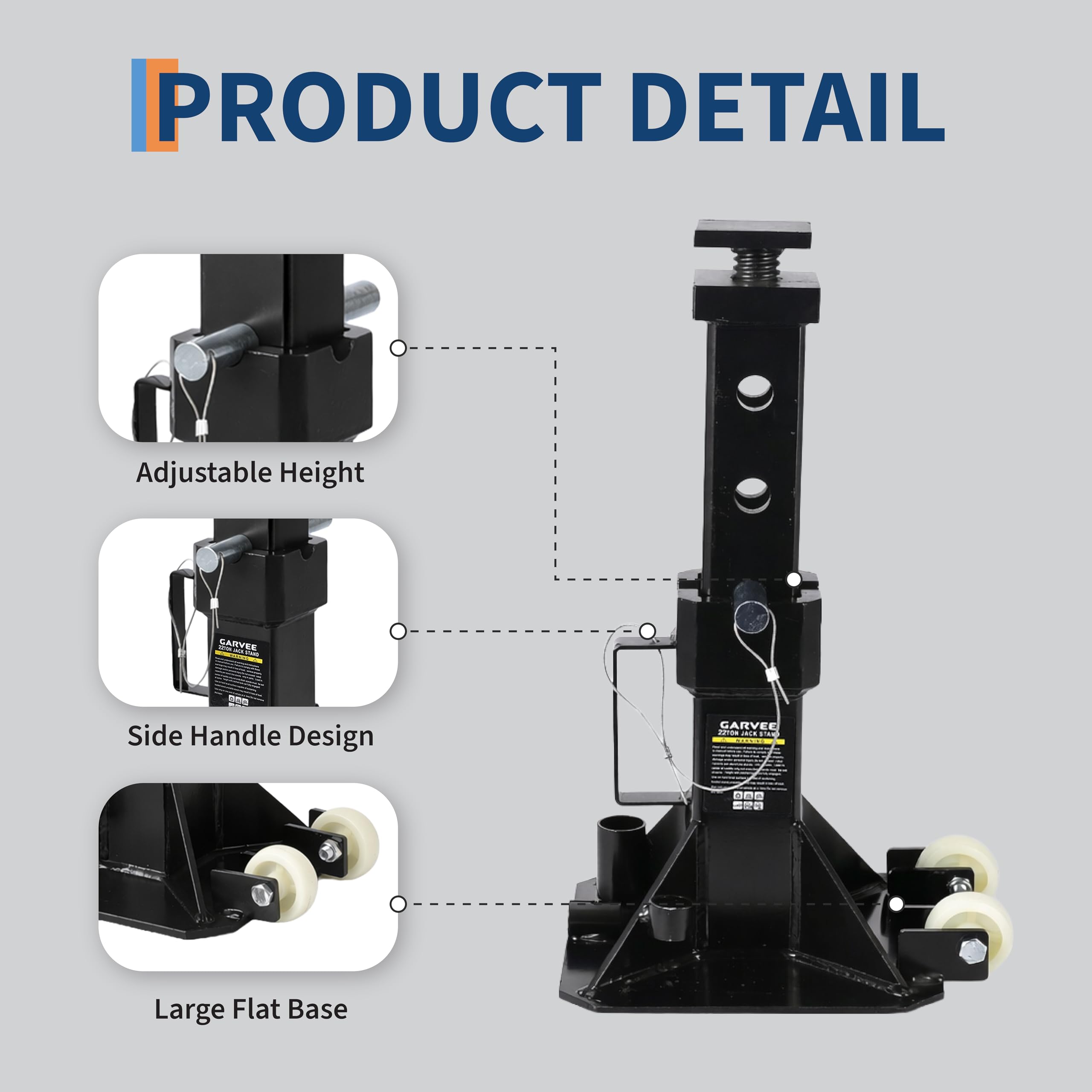 Garvee 22 Ton Jack Stands, Heavy-Duty Pin-Type Car Jack Stands with Lock, 2 Caster Wheels, Wide Base Safety Design, Adjustable Height (13.8"-19.7") for Trucks, Trailers, and Equipment, Black
