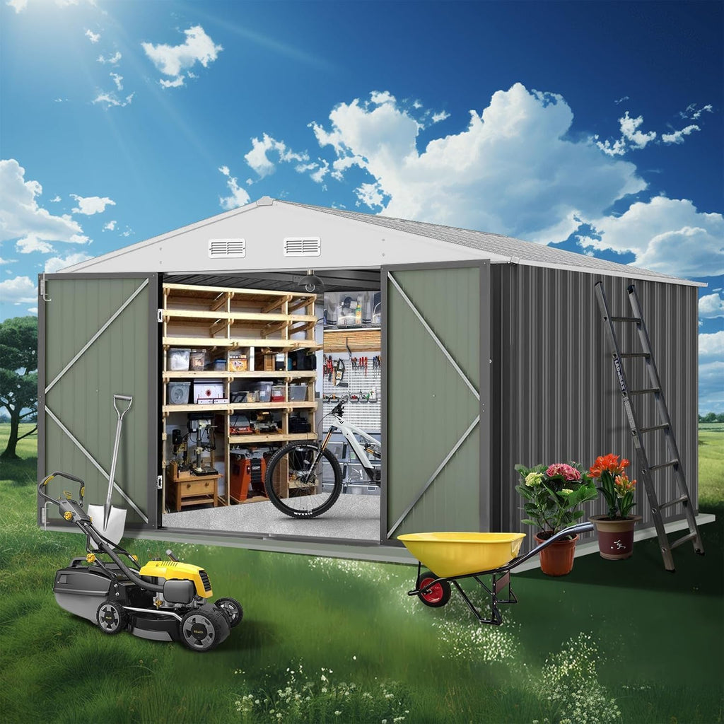 Garvee Large 12x10 FT Metal Outdoor Storage Outdoor Storage – Waterproof Steel Garden Outdoor Storage with Upgraded Frame – Double Lockable Doors, Weatherproof Storage for Patio, Backyard, Lawn & Tools – Color: System Default