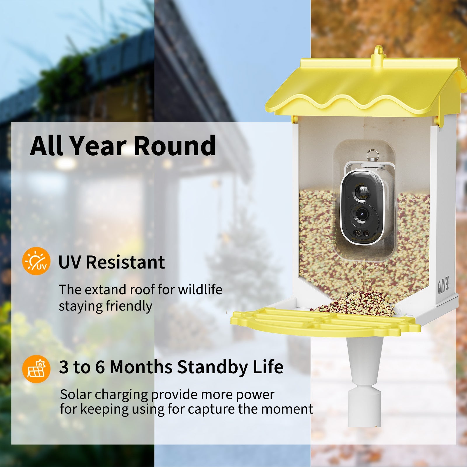 Garvee Smart Bird Feeder with 2.5k Camera & AI Recognition, Solar Powered, 67 Fl.Oz Capacity, Night Vision, App Alerts, Auto Capture Photos/Videos for Bird Watching, Squirrel Deterrent, Yellow