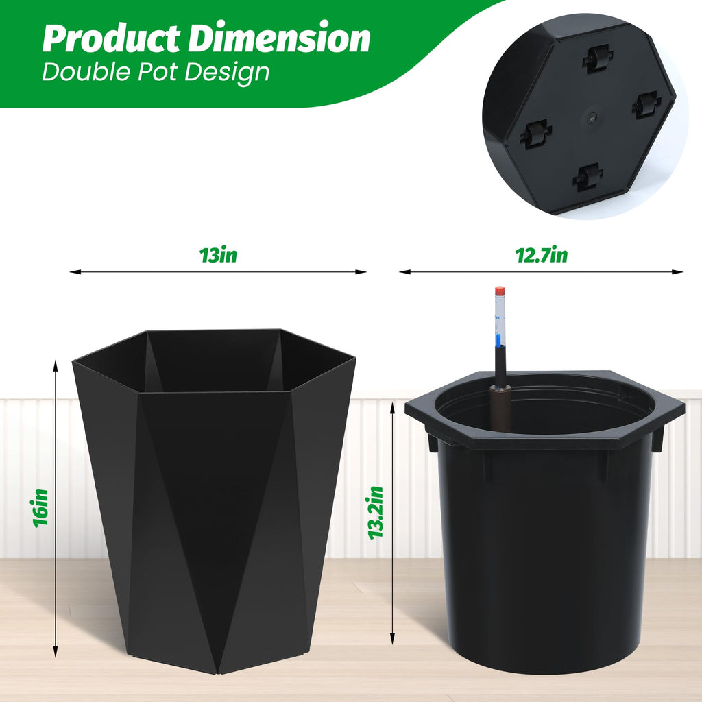 Garvee Self-Watering Planters, Set of 2 16 in Tall Resin Pots with Water Level Gauge, Double Tray, Hidden Wheels & 14-Day Reservoir for Indoor Outdoor Patio, Porch & Office, Black