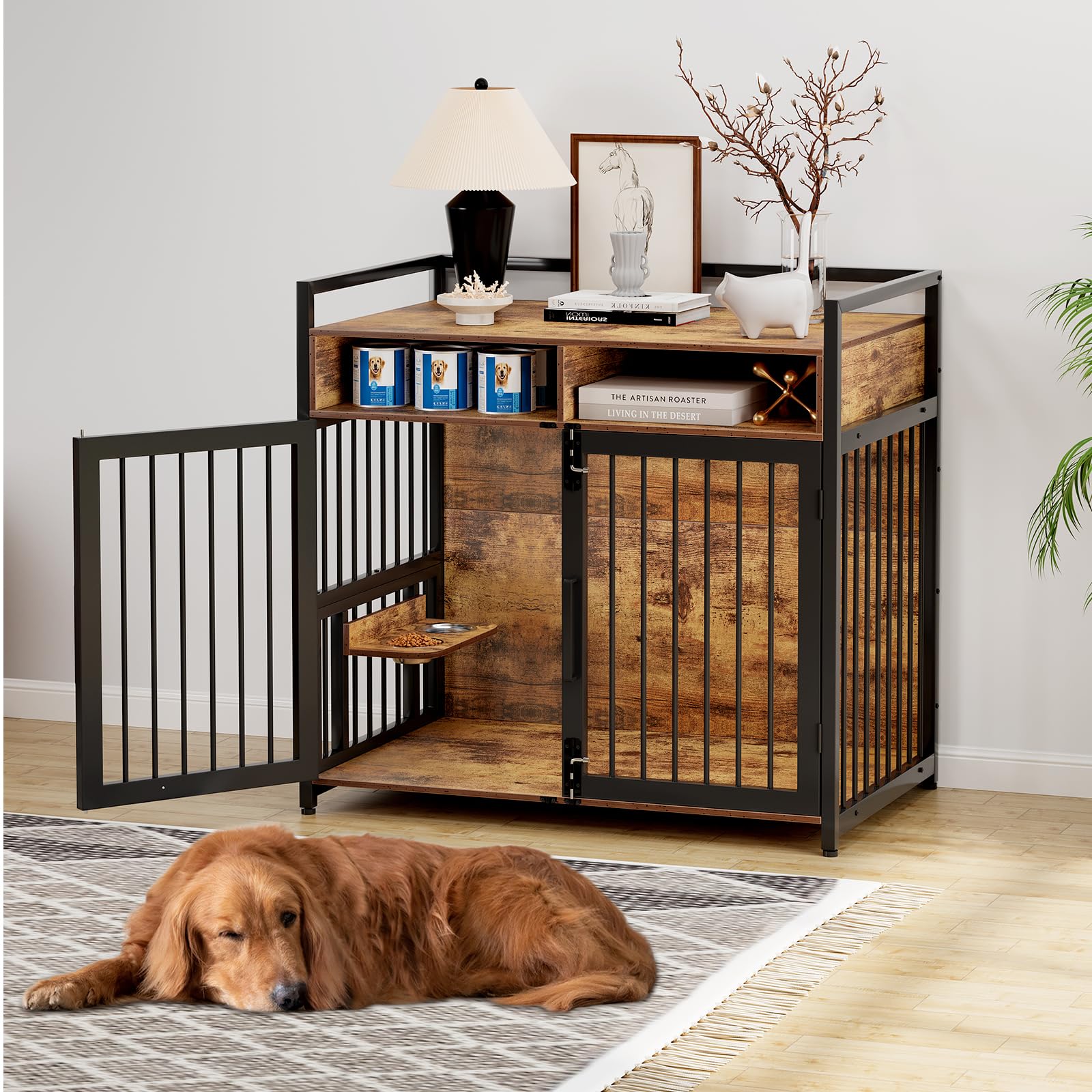 Garvee 48 Inch Dog Crate Furniture, Chew-Resistant Wooden Dog Cage Indoor with Doors, Dog House Side End Table, Heavy Duty Indoor Kennel for Medium/Large Dogs