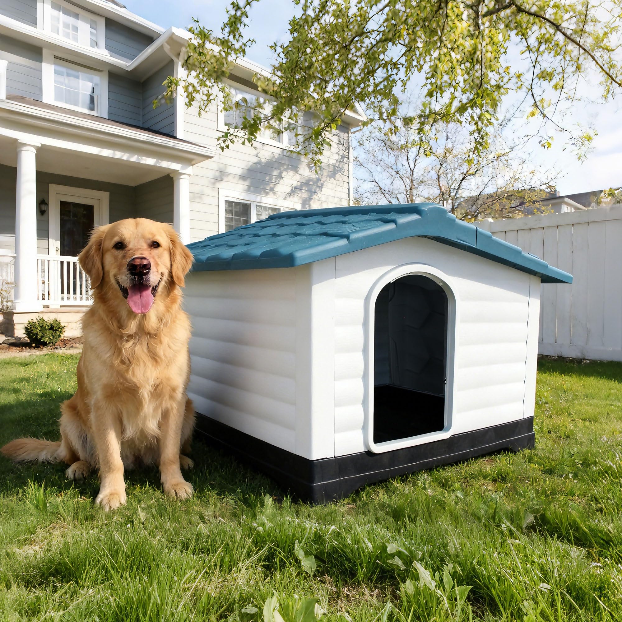 Garvee 2-Door Large Dog House for Indoor and Outdoor Dog House with Fold-Out Porch Elevated Base, Waterproof Pet House for Small and Medium Dogs, Easy Assembly, Blue (38''L x 26''W x 31''H)