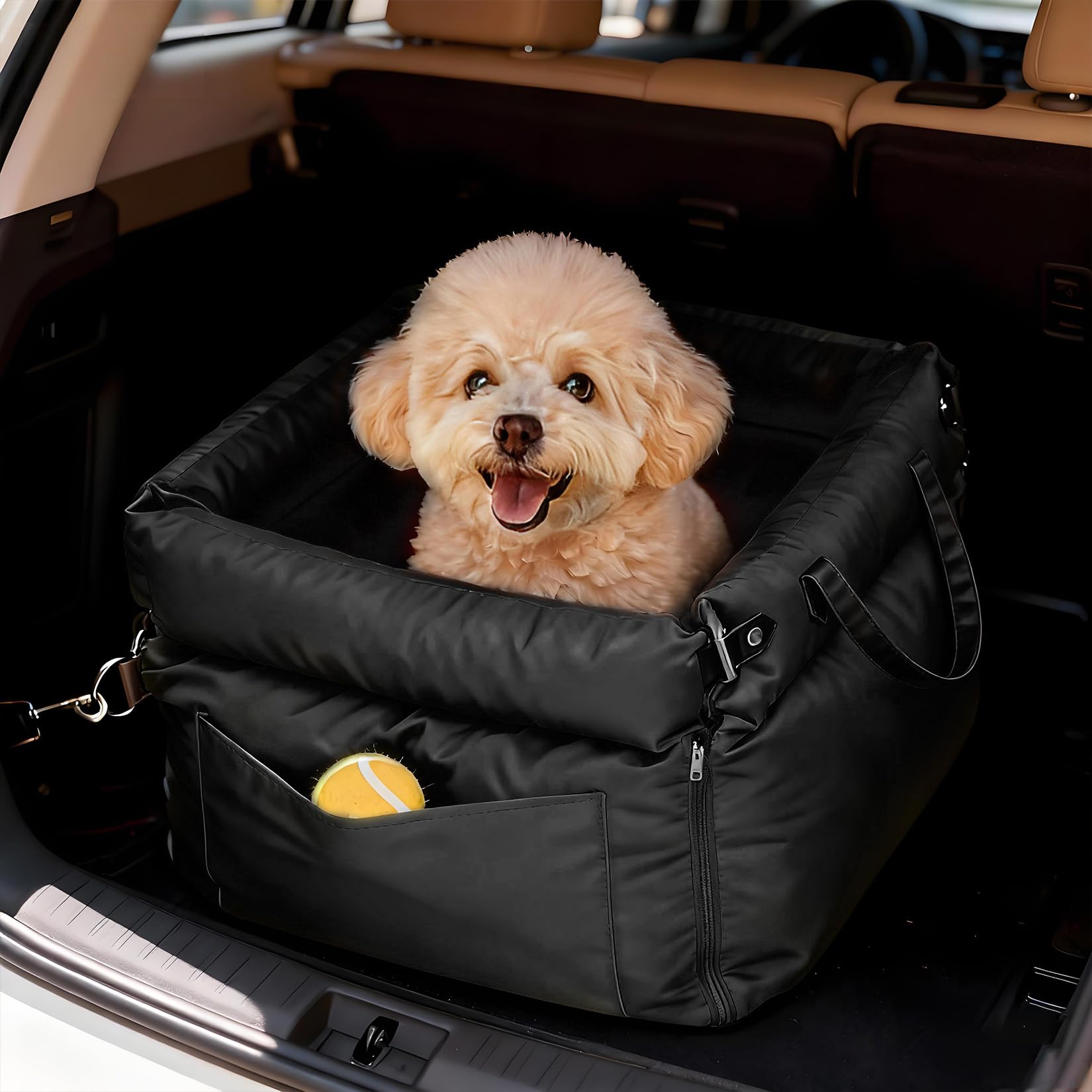 Garvee Dog Booster Car Seat, Waterproof PU Leather Upholstered Cat Bed for Car with Storage Pockets, Portable Pet Seat, Bite-Resistant, Perfect for Travel and Home, Black