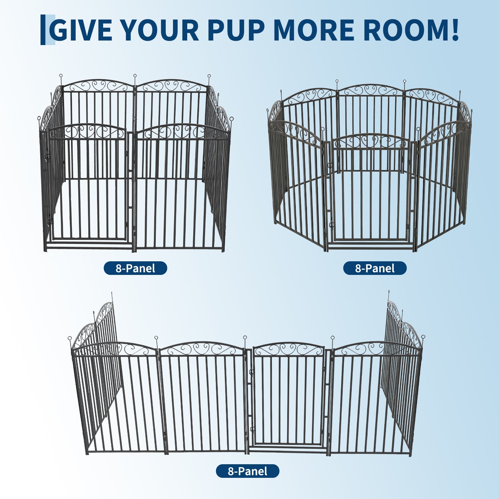 Garvee Heavy Duty Outdoor Decorative Fence Panel for Yard & Garden – 47" Metal Dog Playpen with 1 Door, 8 Panels, Black with Silver Floral Design – Black Base with Silver Design, 8 Pieces