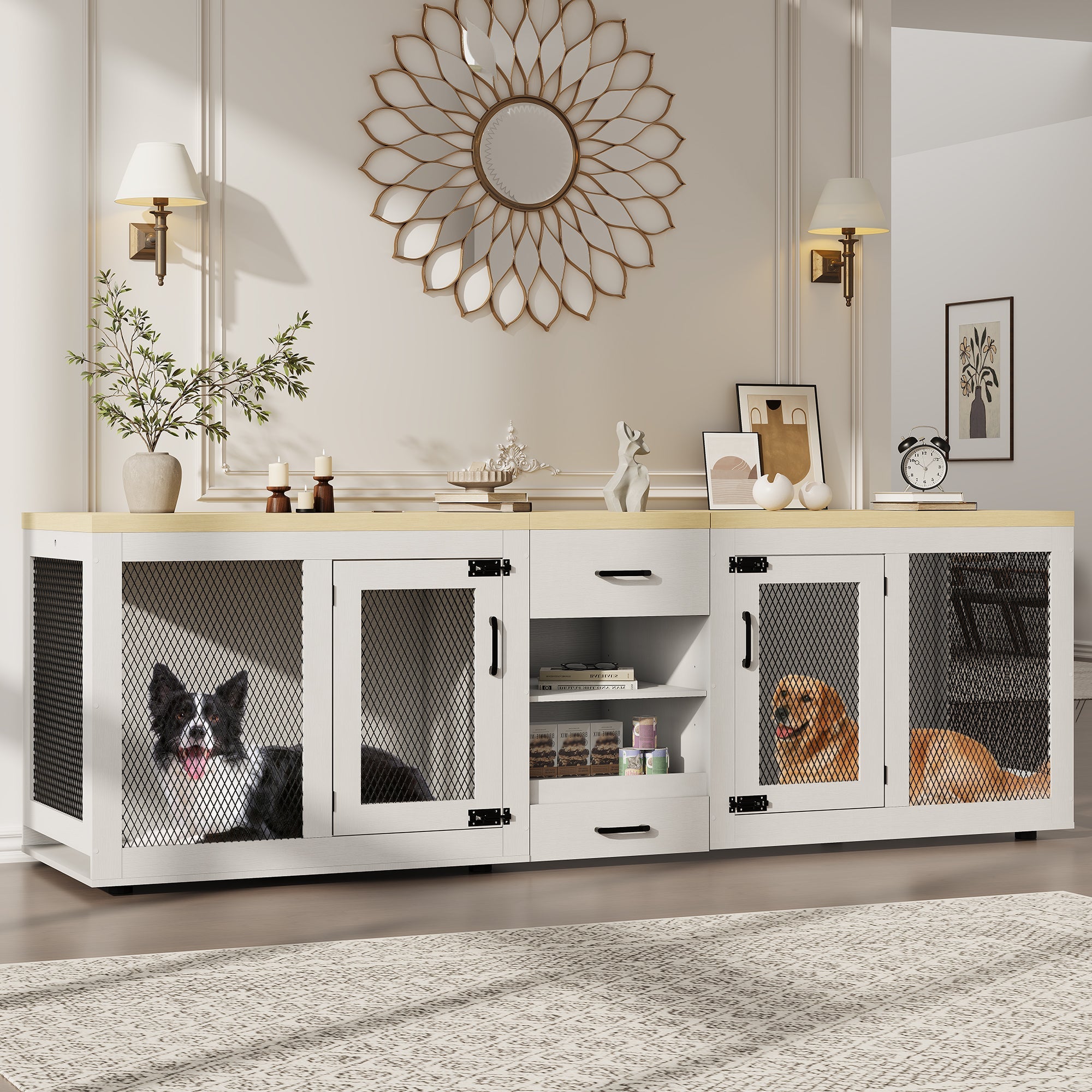 Garvee 90 Inch Large Dog Crate Furniture, Double Dog Crate with Feeding Station & Storage, Heavy Duty Dog Kennel Furniture for 2 Dogs