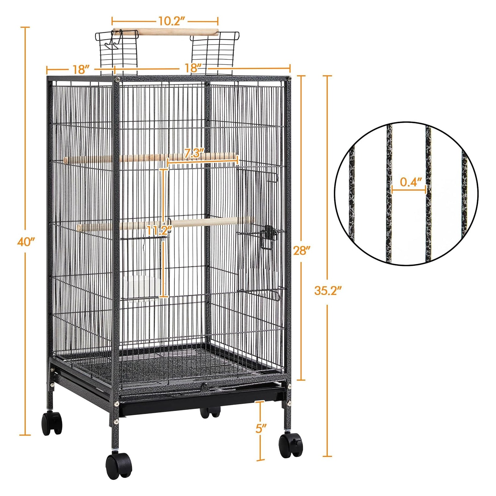Garvee Spacious Metal Bird Cage with Open Play Top – Large Parrot Cage on Rolling Stand – Easy-Clean Slide-Out Tray – Ideal for Budgies, Parakeets, Cockatiels, Finches – Black, 45.5x45.5x100.5cm